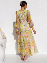 Maxi Dress V-Neck Long Sleeves Bohemian Floral Print Layered Pleated Long Dress
